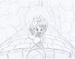 Size: 1024x806 | Tagged: safe, artist:xeviousgreenii, derpibooru import, cozy glow, pony, atg 2020, candy, card, food, lollipop, monochrome, mouth hold, newbie artist training grounds, offscreen character, pov, pun, rapunzel, rope, tower, traditional art