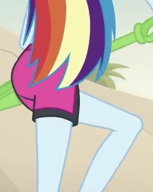 Size: 314x395 | Tagged: safe, derpibooru import, screencap, rainbow dash, equestria girls, equestria girls series, lost and found, ass, beach, butt, clothes, cropped, i watch it for the plot, legs, rainbutt dash, shovel, swimsuit