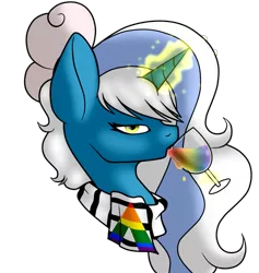 Size: 673x711 | Tagged: alicorn, alicorn oc, artist:jaythemonstrosity, bow, clothes, derpibooru import, drink, drinking, female, glass, hair bow, horn, magic, mare, oc, oc:fleurbelle, pride, pride flag, safe, scarf, simple background, transparent background, wings, yellow eyes