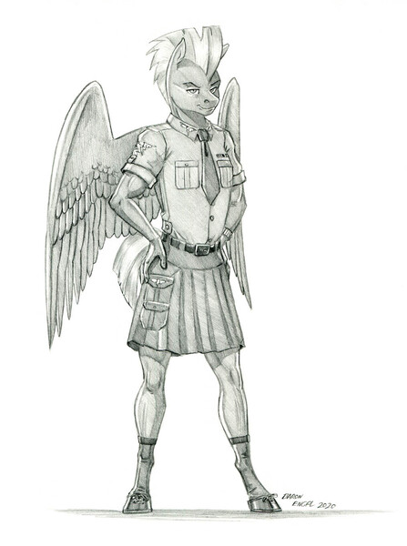 Size: 1015x1362 | Tagged: anthro, artist:baron engel, clothes, derpibooru import, grayscale, kilt, male, monochrome, pegasus, pencil drawing, safe, solo, thunderlane, traditional art, uniform