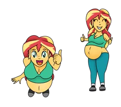 Size: 951x839 | Tagged: safe, artist:foxtide888, artist:pacificside18, derpibooru import, sunset shimmer, equestria girls, belly, belly button, big belly, breasts, chibi, cleavage, clothes, doodle, doodles, looking at you, looking up, pants, pregnant, pregnant equestria girls, shirt, shoes, simple background, socks, sunset preggers, thumbs up, transparent background
