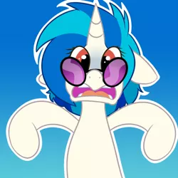 Size: 500x500 | Tagged: safe, artist:koportable, derpibooru import, vinyl scratch, pony, unicorn, blue background, female, floppy ears, gradient background, mare, open mouth, red eyes, simple background, solo, startled, sunglasses, upper body, wrong eye color