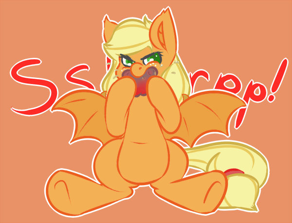 Size: 600x459 | Tagged: safe, artist:koportable, derpibooru import, applejack, bat pony, pony, apple, apple juice, applebat, bat ponified, biting, feeding, female, food, juice, looking at you, mare, onomatopoeia, orange background, race swap, simple background, sitting, slit eyes, solo, spread wings, sucking, underhoof, wings