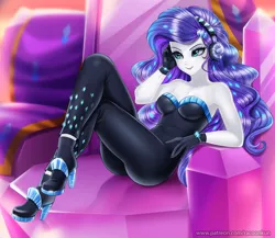 Size: 1200x1043 | Tagged: safe, artist:racoonsan, color edit, derpibooru import, edit, editor:drakeyc, rarity, human, equestria girls, equestria girls series, the other side, armpits, bare shoulders, beautiful, beautisexy, bodysuit, boots, breasts, clothes, colored, equestria girls edit, fabulous, female, gloves, headphones, high heel boots, high heels, humanized, pony coloring, sexy, shoes, skin color edit, sleeveless, solo, strapless, stupid sexy rarity, unitard