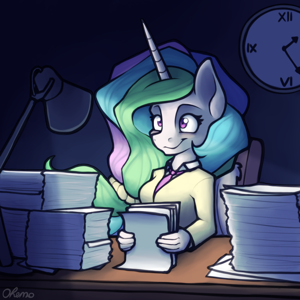 Size: 2000x2000 | Tagged: alicorn, anthro, artist:ohemo, atg 2020, clothes, cute, cutelestia, derpibooru import, lamp, necktie, newbie artist training grounds, paper, paperwork, princess celestia, safe, suit, thousand yard stare