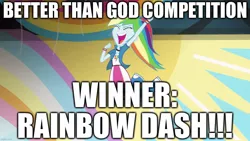 Size: 1280x720 | Tagged: safe, derpibooru import, edit, edited screencap, screencap, rainbow dash, equestria girls, shake your tail, best human, caption, clenched fist, competition, eyes closed, fist in the air, god, image macro, in air, jumping, rainbow dash is god, smiling, text, victory, winner