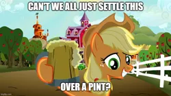 Size: 888x499 | Tagged: safe, derpibooru import, edit, edited screencap, editor:icey-wicey-1517, screencap, applejack, earth pony, pony, the super speedy cider squeezy 6000, applejack's hat, caption, cider, cowboy hat, female, fence, hat, image macro, imgflip, mare, meme, reaction image, reference, shrek, solo, text