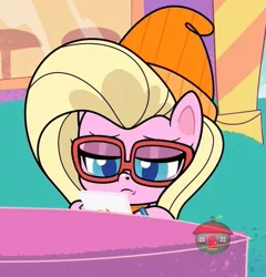 Size: 665x693 | Tagged: safe, derpibooru import, screencap, buttershy, pony, cute-pocalypse meow, my little pony: pony life, spoiler:pony life s01e03, beanie, glasses, hat, hipster, solo, treehouse logo