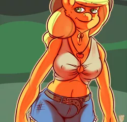 Size: 600x579 | Tagged: suggestive, artist:koportable, derpibooru import, applejack, anthro, earth pony, absolute cleavage, abstract background, applejack's hat, belly button, belt, breasts, busty applejack, cleavage, clothes, cowboy hat, daisy dukes, erect nipples, hat, jewelry, looking at you, midriff, necklace, nipple outline, pendant, shorts, smiling, solo, sweat, top
