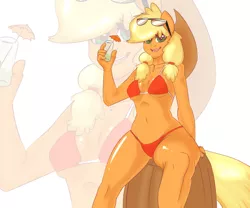 Size: 750x625 | Tagged: suggestive, artist:koportable, derpibooru import, applejack, anthro, earth pony, alternate hairstyle, applebucking thighs, applejack's hat, barrel, belly button, bikini, breasts, clothes, cocktail umbrella, cowboy hat, drink, female, glass, hat, looking at you, open mouth, pigtails, pinup, sitting, smiling, solo, solo female, sunglasses, sunglasses on head, swimsuit, twintails, zoom layer