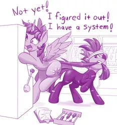 Size: 1280x1374 | Tagged: safe, artist:dstears, derpibooru import, twilight sparkle, twilight sparkle (alicorn), alicorn, pony, unicorn, abacus, addiction, biting, casino, catsuit, clipboard, dialogue, digital art, dragging, eyepatch, female, future twilight, gambling, insanity, latex, mare, monochrome, newbie artist training grounds, pulling, self ponidox, slot machine, solid sparkle, tail, tail bite, tail pull, twilight snapple, twilynanas, unicorn twilight