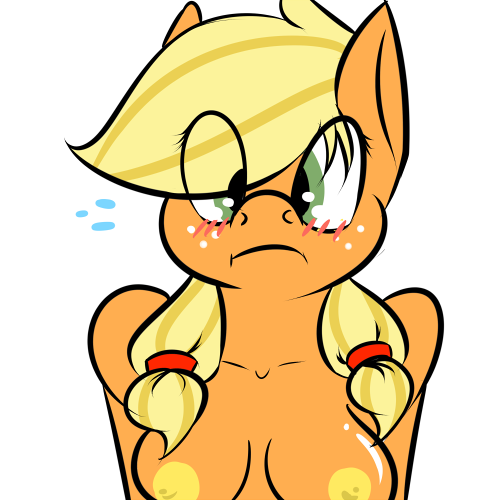 Size: 500x500 | Tagged: questionable, artist:koportable, derpibooru import, applejack, anthro, earth pony, alternate hairstyle, blushing, breasts, bust, busty applejack, eye clipping through hair, female, :i, looking at you, nipples, nudity, pigtails, portrait, simple background, solo, solo female, twintails, white background, yellow nipples