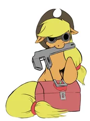 Size: 600x802 | Tagged: safe, artist:koportable, derpibooru import, applejack, earth pony, pony, applejack's hat, cowboy hat, crossover, engiejack, engineer, female, floppy ears, goggles, hat, mare, mouth hold, simple background, smiling, solo, team fortress 2, toolbox, white background, wrench