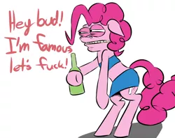 Size: 900x711 | Tagged: suggestive, artist:koportable, derpibooru import, pinkie pie, earth pony, pony, .mov, party.mov, bandeau, bipedal, bottle, clenched teeth, clothes, dialogue, drunk, drunkie pie, female, floppy ears, mare, miniskirt, simple background, skirt, solo, solo female, vulgar, white background