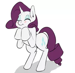 Size: 600x581 | Tagged: safe, artist:koportable, derpibooru import, rarity, pony, unicorn, bipedal, blushing, cute, eyes closed, female, mare, raribetes, rearing, simple background, smiling, solo, white background