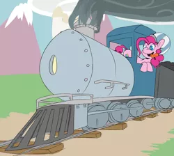 Size: 700x626 | Tagged: safe, artist:koportable, derpibooru import, pinkie pie, earth pony, pony, canterlot, conductor, conductor hat, female, leaning, locomotive, mare, open mouth, railroad, smiling, smoke, solo, steam engine, tongue out, train