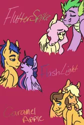 Size: 320x480 | Tagged: safe, artist:solarist97, derpibooru import, applejack, caramel, flash sentry, fluttershy, spike, twilight sparkle, twilight sparkle (alicorn), alicorn, carajack, female, flashlight, flutterspike, male, shipping, straight