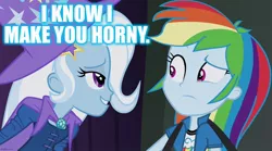 Size: 1280x714 | Tagged: suggestive, derpibooru import, edit, edited screencap, screencap, rainbow dash, trixie, equestria girls, rainbow rocks, bedroom eyes, caption, confused, creeped out, female, guitar strap, horny, image macro, lesbian, lidded eyes, meme, shipping, smiling, text, trixdash, trixie yells at everything, uncomfortable