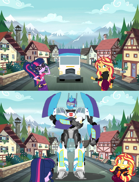 Size: 1080x1418 | Tagged: safe, artist:electrahybrida, artist:luckreza8, derpibooru import, edit, edited screencap, screencap, sci-twi, sunset shimmer, twilight sparkle, oc, oc:festivitus prime, equestria girls, equestria girls series, legend of everfree, sunset's backstage pass!, spoiler:eqg series (season 2), autobot, everfree forest, forest, rv, smugimus prime, smugset shimmer, transformers