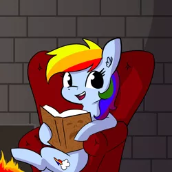 Size: 2250x2250 | Tagged: safe, artist:tjpones, derpibooru import, rainbow dash, pegasus, pony, rainbow dash presents, army of darkness, book, female, fire, fireplace, mare, necronomicon, open mouth, solo, this will end in death