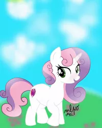 Size: 1080x1350 | Tagged: safe, artist:rinbow_dah, derpibooru import, sweetie belle, pony, unicorn, cloud, cute, cutie mark, diasweetes, eyelashes, female, filly, open mouth, signature, smiling, solo, the cmc's cutie marks