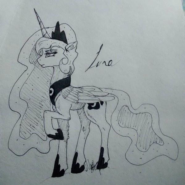 Size: 1080x1080 | Tagged: safe, artist:_.katrina_.dibujos, derpibooru import, princess luna, alicorn, pony, ethereal mane, female, grayscale, hoof shoes, jewelry, lineart, mare, monochrome, peytral, raised hoof, solo, starry mane, text, tiara, traditional art