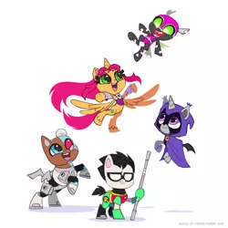 Size: 1280x1280 | Tagged: safe, artist:house-of-tykayl, derpibooru import, ponified, alicorn, bat pony, bat pony alicorn, changeling, cyborg, earth pony, pony, my little pony: pony life, bat wings, beanbrows, beast boy, boots, cape, changelingified, cloak, clothes, costume, crossover, cyborg (teen titans), eyebrows, female, flying, hood, horn, looking at you, male, mare, mask, open mouth, raven (teen titans), red eye, robin (teen titans), shoes, simple background, species swap, staff, stallion, starfire, superhero, teen titans, teen titans go, uniform, unshorn fetlocks, white background, wings