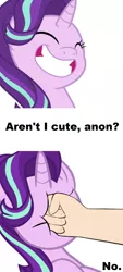 Size: 744x1644 | Tagged: safe, derpibooru import, edit, starlight glimmer, human, pony, unicorn, memnagerie, spoiler:memnagerie, spoiler:mlp friendship is forever, abuse, background pony strikes again, caption, downvote bait, female, fist, glimmerbuse, image macro, mare, meme, offscreen character, punch, simple background, text, white background
