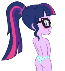 Size: 7979x8833 | Tagged: suggestive, artist:alandssparkle, derpibooru import, edit, editor:slayerbvc, vector edit, sci-twi, twilight sparkle, equestria girls, legend of everfree, ass, blue underwear, blushing, butt, clothes, cutie mark underwear, female, glasses, heart, heart print underwear, looking at you, looking back, looking back at you, panties, partial nudity, partial nudity edit, simple background, solo, solo female, topless, transparent background, twibutt, underwear, underwear swap, vector