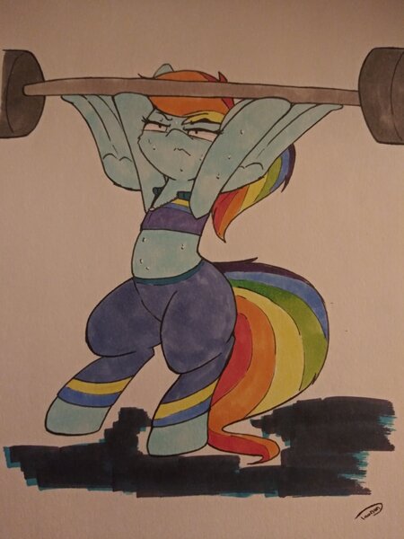 Size: 3072x4096 | Tagged: safe, artist:taurson, derpibooru import, rainbow dash, pony, alternate hairstyle, buckball fan gear rainbow dash, clothes, jacket, pants, ponytail, solo, sweatpants, traditional art, weight lifting, weights