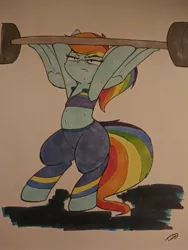 Size: 3072x4096 | Tagged: safe, artist:taurson, derpibooru import, rainbow dash, pony, alternate hairstyle, buckball fan gear rainbow dash, clothes, jacket, pants, ponytail, solo, sweatpants, traditional art, weight lifting, weights