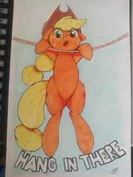 Size: 3072x4096 | Tagged: safe, artist:taurson, derpibooru import, applejack, earth pony, pony, atg 2020, cowboy hat, cute, female, hang in there, hanging, hat, jackabetes, mare, marker drawing, newbie artist training grounds, rope, solo, traditional art