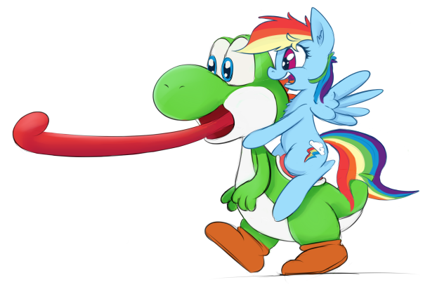 Size: 622x419 | Tagged: safe, artist:firenhooves, derpibooru import, rainbow dash, pony, yoshi, cute, long tongue, nintendo, open mouth, riding, simple background, tongue out, video game, white background