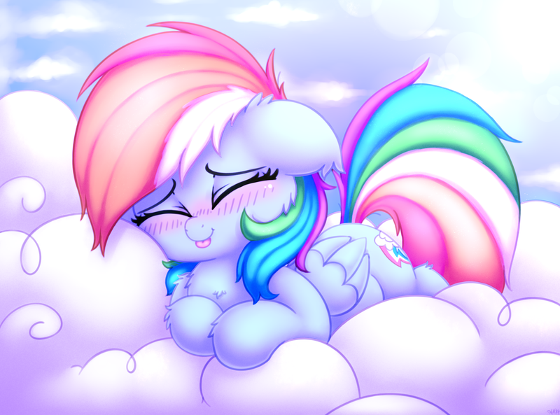 Size: 2700x2000 | Tagged: safe, artist:heavymetalbronyyeah, derpibooru import, rainbow dash, pegasus, pony, :p, blushing, chest fluff, cloud, cute, dashabetes, ear fluff, eyes closed, high res, leg fluff, on a cloud, prone, sleeping, solo, tongue out, weapons-grade cute