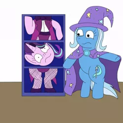 Size: 640x640 | Tagged: source needed, useless source url, safe, artist:allonsos-evil-lair, derpibooru import, starlight glimmer, trixie, pony, unicorn, bipedal, cape, clothes, female, fishnets, hat, magic trick, mare, modular, trixie's cape, trixie's hat