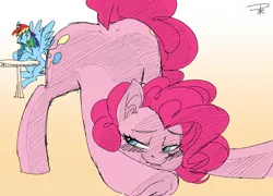 Size: 2336x1684 | Tagged: suggestive, artist:prismspark, color edit, colorist:firenhooves, derpibooru import, edit, pinkie pie, rainbow dash, earth pony, pegasus, pony, backwards cutie mark, bedroom eyes, blushing, colored, eye sparkles, face down ass up, female, glowing eyes, implied lesbian, implied pinkiedash, implied shipping, legitimately amazing mspaint, mare, ms paint, presenting, simple background, spread wings, underhoof, white background, wingboner, wingding eyes, wings