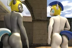 Size: 1602x1080 | Tagged: 3d, anthro, armor, artist:camtwosix, ass, butt, butts, derpibooru import, helmet, looking at you, looking back, looking back at you, male, males only, nudity, outdoors, plantigrade anthro, pose, royal guard, royal guard armor, source filmmaker, suggestive