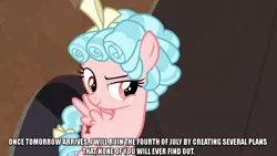 Size: 1280x720 | Tagged: safe, derpibooru import, edit, edited screencap, editor:jaredking203, screencap, cozy glow, pegasus, pony, frenemies (episode), bow, caption, female, filly, freckles, image macro, meme, red eyes, solo, text