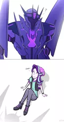 Size: 541x1031 | Tagged: safe, artist:elioo, derpibooru import, starlight glimmer, human, equestria girls, beanie, comic, crossover, dialogue, hat, soundwave, transformers, transformers prime