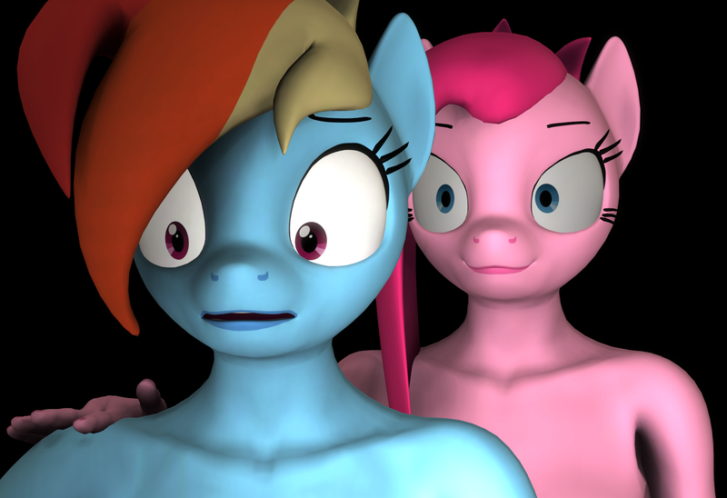 Size: 1578x1080 | Tagged: 2spooky, 3d, anthro, artist:camtwosix, behind you, creepy, creepy smile, derpibooru import, female, females only, nudity, pinkamena diane pie, pinkie pie, plantigrade anthro, questionable, rainbow dash, smiling, source filmmaker, spoopy, touch