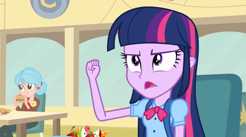 Size: 1904x1064 | Tagged: safe, derpibooru import, screencap, carla jr., twilight sparkle, equestria girls, equestria girls (movie), background human, bag, bowtie, burger, cafeteria, canterlot high, chair, clothes, cropped, ear piercing, earring, food, french fries, fruit, hamburger, jewelry, piercing, pin, plate, sauce, stars, table