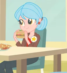Size: 512x556 | Tagged: safe, derpibooru import, screencap, carla jr., equestria girls, equestria girls (movie), background human, burger, cafeteria, canterlot high, chair, clothes, cropped, ear piercing, earring, food, french fries, hamburger, jewelry, pants, piercing, pin, plate, sauce, solo, stars, table