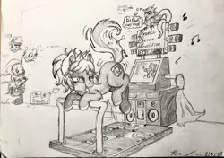 Size: 1933x1357 | Tagged: safe, artist:reekosukanku, derpibooru import, oc, oc:starlight teacups, bird, earth pony, pony, dance dance revolution, dat butt, female, mare, meme, monochrome, solo, traditional art