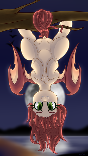 Size: 4320x7680 | Tagged: safe, artist:ev04ka, artist:ev04kaa, derpibooru import, oc, oc:airi, unofficial characters only, bat, bat pony, pony, behaving like a bat, moon, night, rcf community, solo, tree, tree branch, upside down