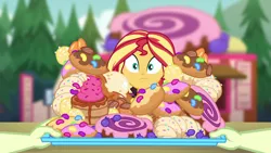 Size: 1280x720 | Tagged: safe, derpibooru import, screencap, sunset shimmer, equestria girls, equestria girls series, wake up!, spoiler:choose your own ending (season 2), spoiler:eqg series (season 2), bread, candy, croissant, cute, donut, female, food, junk food, shimmerbetes, solo, sweets, this will end in diabetes, this will end in weight gain, this will not end well, wake up!: pinkie pie