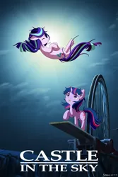 Size: 1280x1920 | Tagged: safe, artist:symbianl, derpibooru import, starlight glimmer, twilight sparkle, pony, unicorn, castle in the sky, crossover, duo, female, jewelry, levitation, magic, mare, necklace, parody, studio ghibli, telekinesis, unicorn twilight