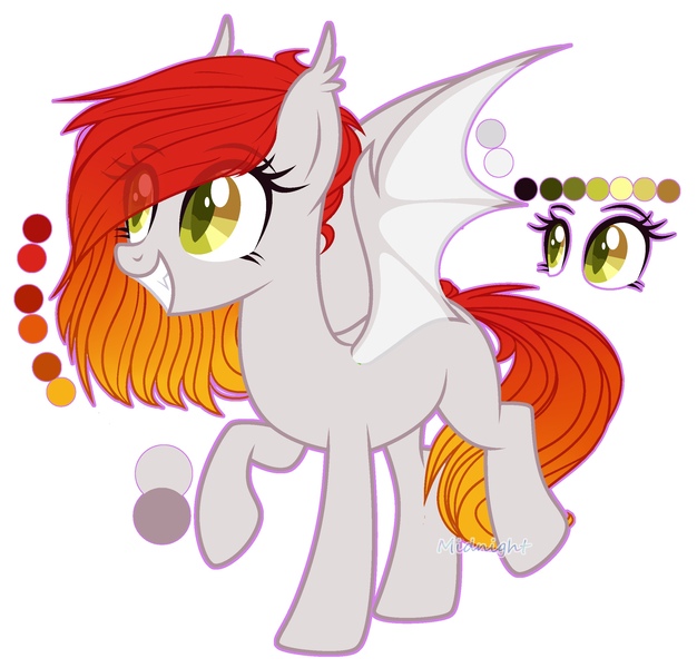 Size: 2255x2160 | Tagged: safe, artist:midnight, derpibooru import, oc, oc:bellfa, unofficial characters only, bat pony, pony, bat pony oc, bat wings, cutie mark, ear fluff, female, fullbody, gradient hair, green eyes, raised eyebrow, raised leg, red hair, simple background, smiling, smirk, solo, wings