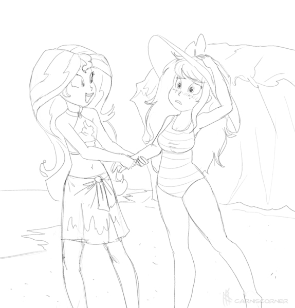 Size: 900x940 | Tagged: safe, artist:carnifex, derpibooru import, sunset shimmer, wallflower blush, equestria girls, beach, belly button, blushing, clothes, commission, female, hat, holding hands, lesbian, midriff, sarong, shipping, sketch, sun hat, swimsuit, wallset