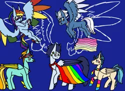 Size: 1235x900 | Tagged: safe, artist:cococandy2007, derpibooru import, indigo zap, lightning dust, night glider, rainbow dash, soarin', ponified, pegasus, pony, alternate hairstyle, asexual, asexual pride flag, bandana, blue background, cape, choker, clothes, ear piercing, earring, equestria girls ponified, face paint, female, flying, gay pride flag, headband, jewelry, lesbian pride flag, male, mare, necklace, pansexual, pansexual pride flag, piercing, pride, pride flag, pride month, pride ponies, raised hoof, raised leg, scarf, simple background, socks, stallion, striped socks, tongue out