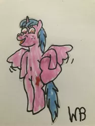 Size: 3024x4032 | Tagged: a better ending for cozy, alicorn, alternate universe, artist:whistle blossom, belly button, cozybetes, cozy glow, cute, derpibooru import, female, filly, flying, foal, heart, looking at you, marker drawing, open mouth, safe, semi-anthro, signature, simple background, smiling, solo, traditional art, whistle blossom is trying to murder us, whistleverse, white background